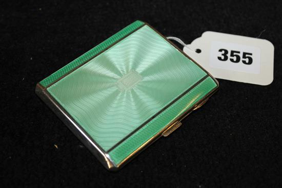 Silver and green guilloche enamel cigarette case, in knitted case